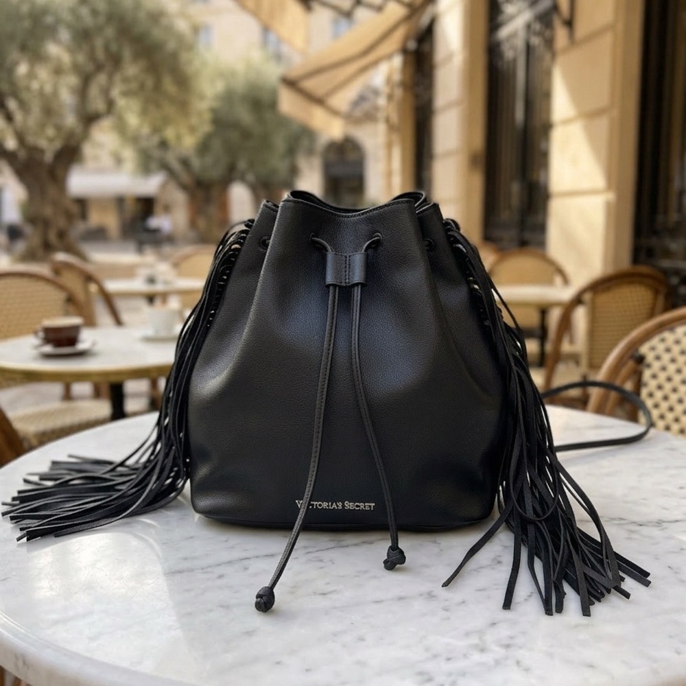 Victoria's Secret Fringe sides Black Drawstring Backpack